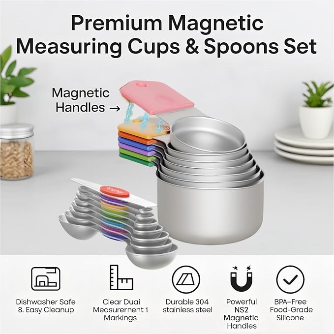 Magnetic Measuring Cups & Spoons Set|304 Stainless Steel Dual Scale Set of 15, Strong N52 Magnetic Nesting Design with Leveler, for Dry&Liquid Ingredients, Dishwasher Safe(Colorful)