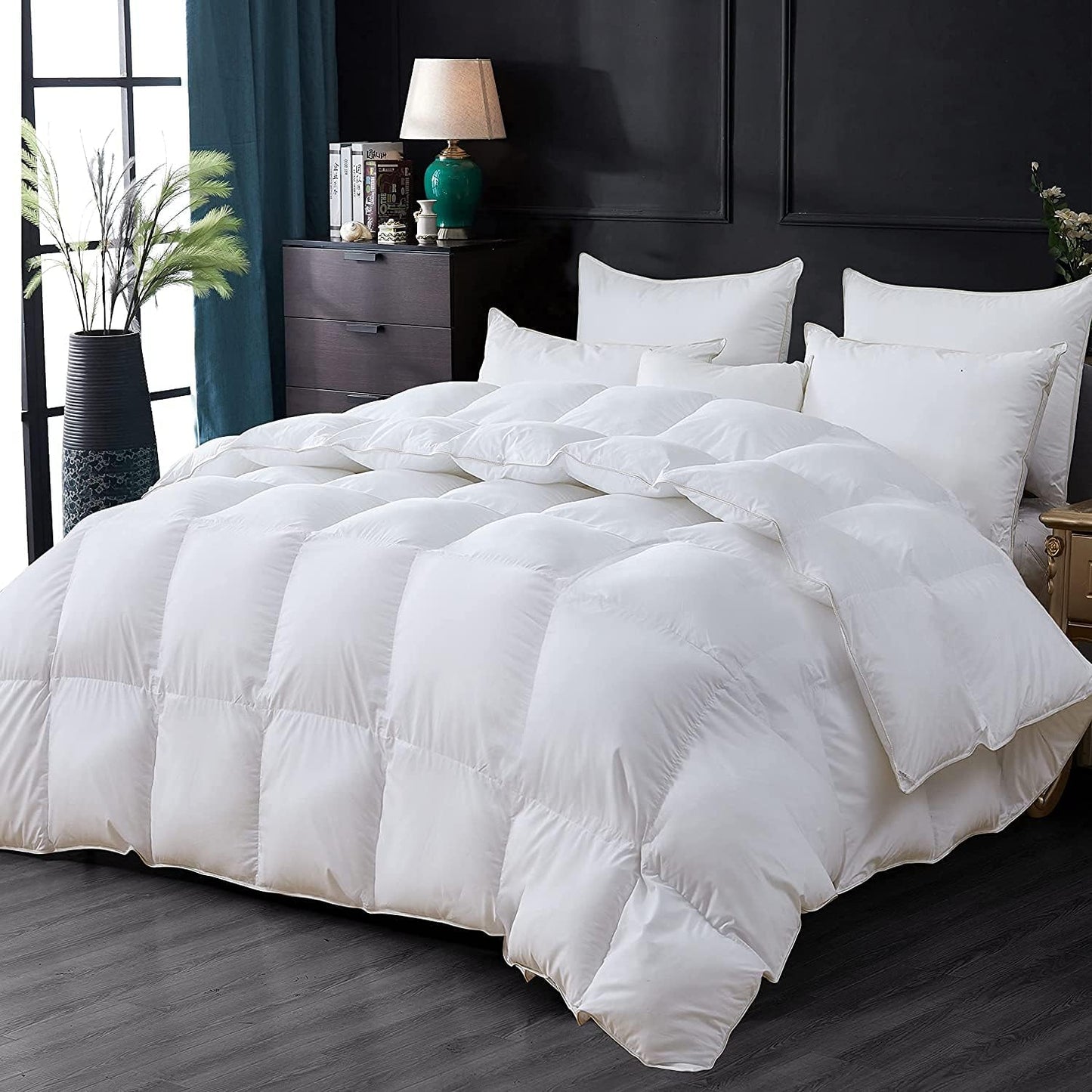 Luxurious Goose Down Feather Fiber Comforter Duvet Insert, Exquisite Solid White Design, Oversize Palatial King White 120 x 98, Premium Baffle Box 100% Egyptian Cotton, 80 oz Fill Weight