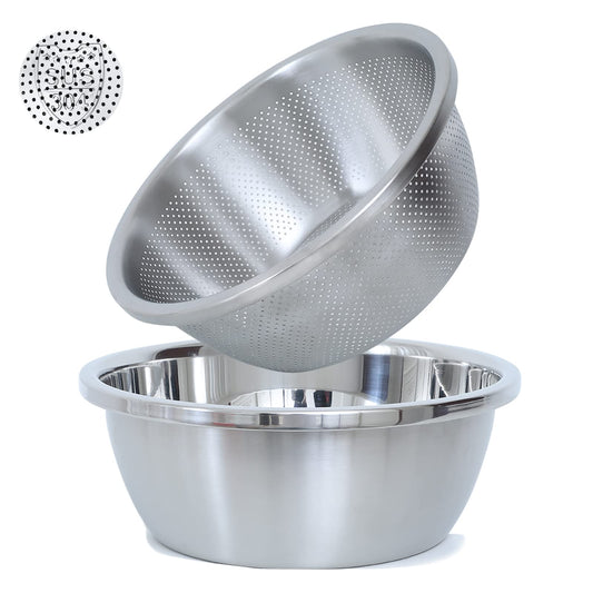 304 Stainless Steel Microporous Colander, 3.5QT Large Capacity with Mixing Bowl For washing vegetables fruit and rice and for draining cooked pasta(2PC)