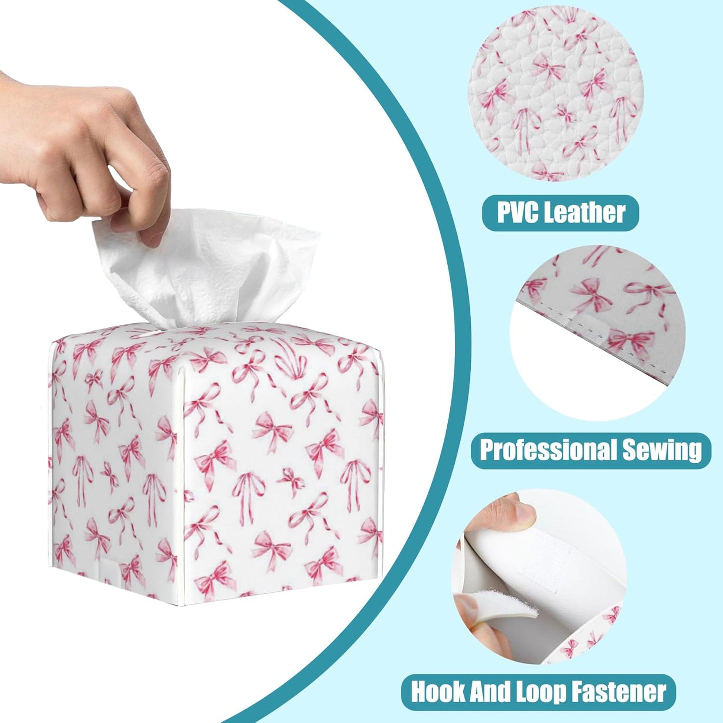 Watercolor Pink Ribbon Bow Tissue Box Cover Square,Leather Tissue Holder with Bottom Belt,Waterproof Leather Facial Paper Organizer Tissue Box Cover for Home Office Bathroom Vanity,5.2" x 5.2" x 5.2"