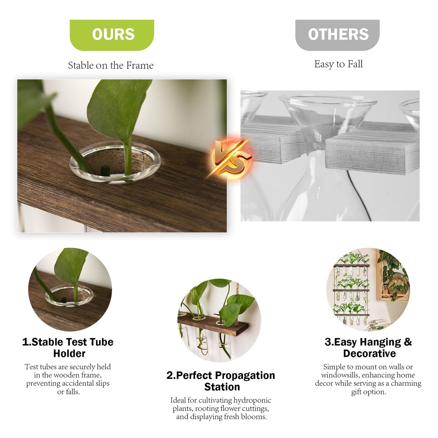 XXXFLOWER Wall Hanging Propagation Station with Wooden Stand 5 Glass Test Tubes 3 Tiered Planters Wall Terrarium for Home Office Plant Hanger Flower Vases Wall Decor Hydroponic Cuttings