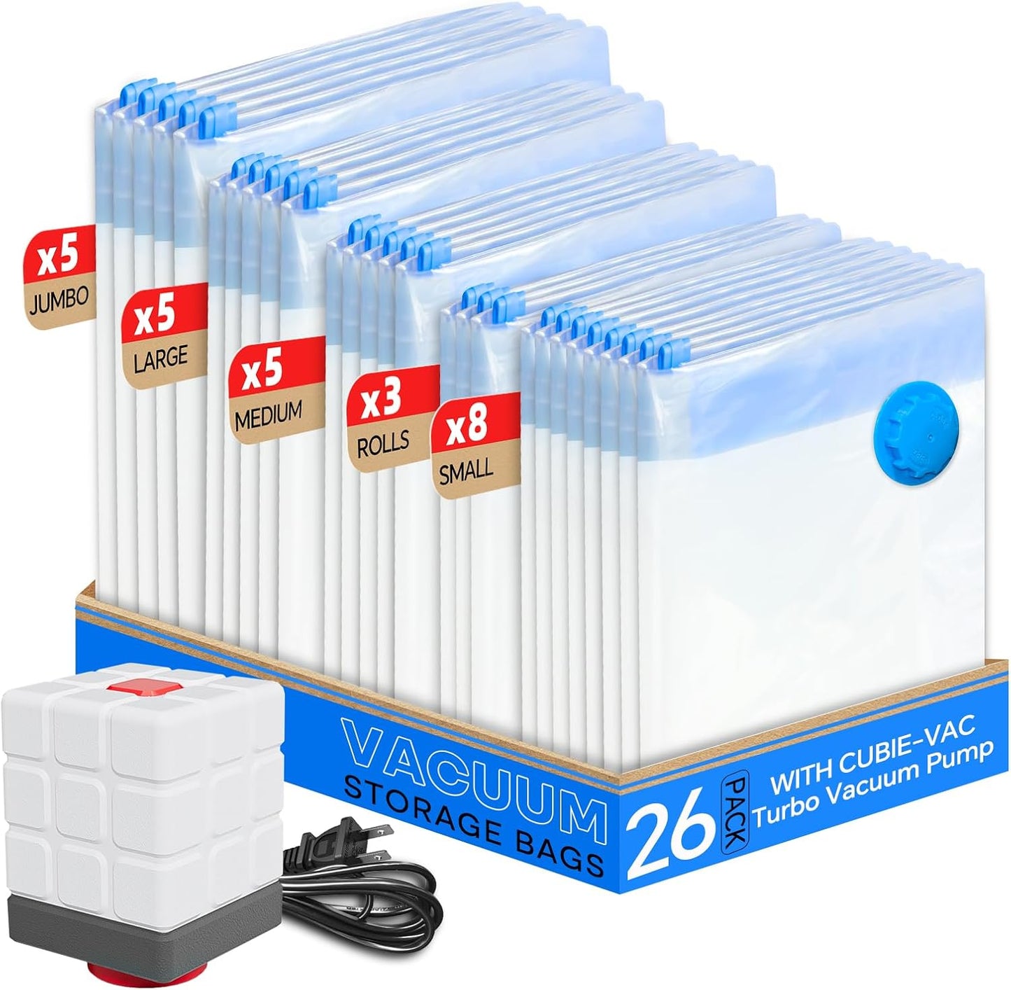 Vacuum Storage Bags for Clothing, 26 Pack Vacuum Seal Bags (5 Jumbo, 5 Large, 5 Medium, 8 Small, 3 Roll) for Clothes Comforters Blankets, Space Saver Bag with Electric Pump (2025 Upgrade)