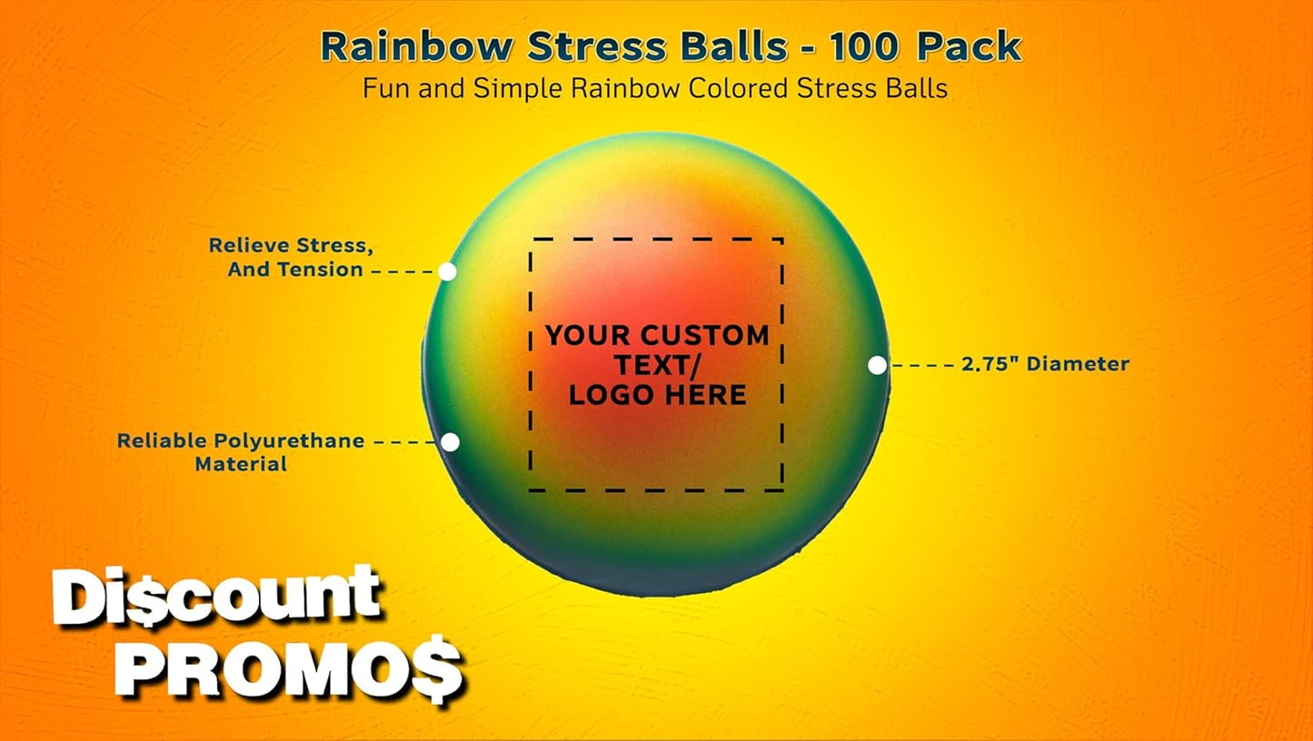 DISCOUNT PROMOS Custom Rainbow Squeeze Balls Set of 100, Personalized Bulk Pack - Perfect for Promotional Giveaways - Rainbow