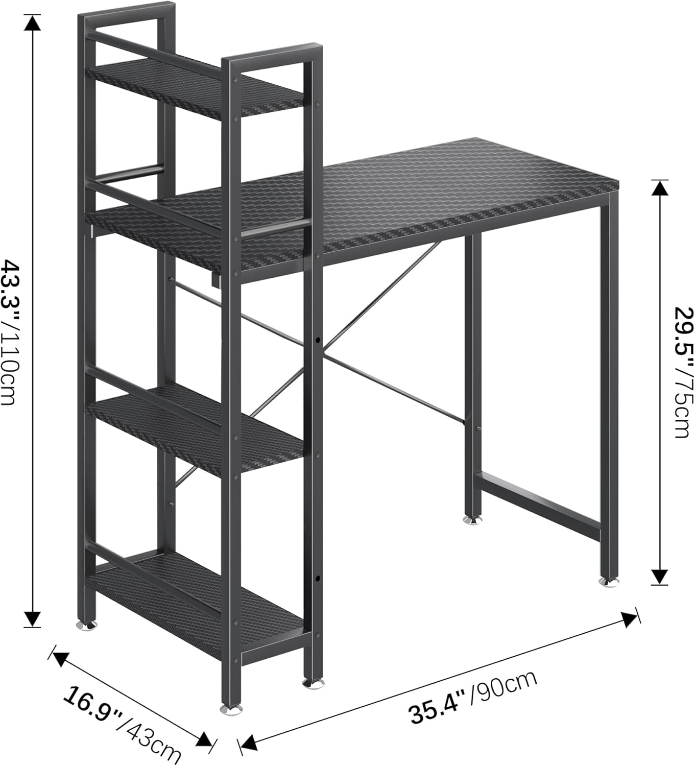 4NM 35" Small Computer Desk with 4-Tier Bookshelf, Home Office Desk Writing Workstation Study Table Multipurpose for Small Space Work - All Black