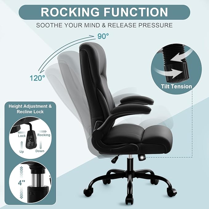 Executive Office Chair,High Back Ergonomic Comfy Desk Chair with Padded Flip-up Armrests and Wheels,PU Leather Heavy Duty Computer Swivel Rolling Task Chair for Home Office,Adults,White