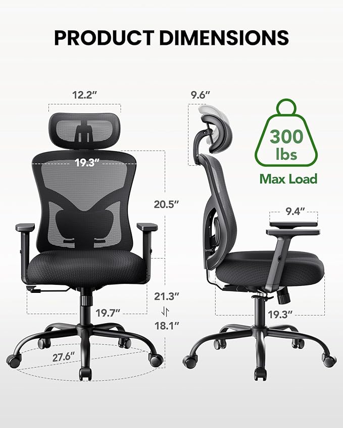 Marsail Ergonomic Office Chair Ergonomic Gaming Chair with Lumbar Support, 2D Headrest, Adjustable Armrests, Contoured Seat Cushion, Computer Desk Chair with Wheels for Home and Office (Dark)