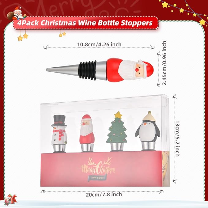 4 Pack Christmas Wine Stoppers Set, Resin Wine Bottle Stoppers for Winter Decor Holiday Wedding Christmas Party Supplies, Wine Accessories Gift for Hostess - Wine Bottle Corkers