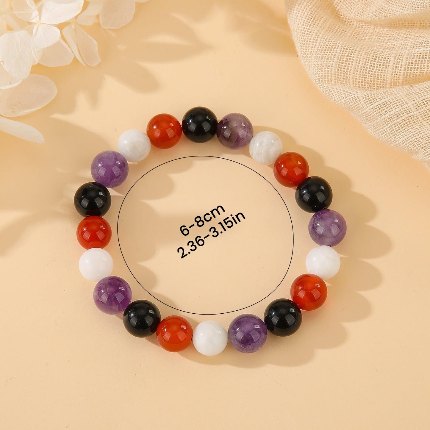 Crystal Vibe Protection & Energy Crystal Bracelet - 10mm Beaded Bracelets for Men Women With Stones of Amethyst, Black obsidian, Carnelian, Moonstone - Elastic Adjustable Size