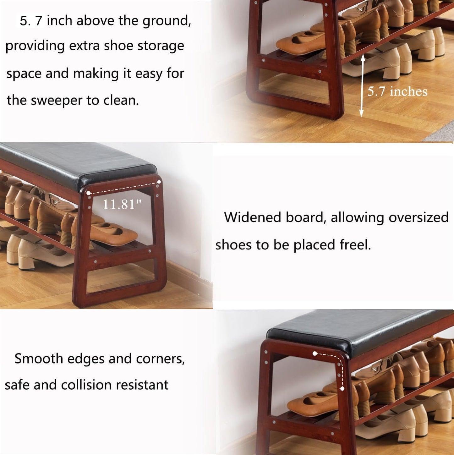 Solid Wood Shoe Bench, 2-Tier Wooden Entryway Bench, Modern Shoe Rack with Faux Leather Cushion for Hallway, Living Room (Black, 39.4'')