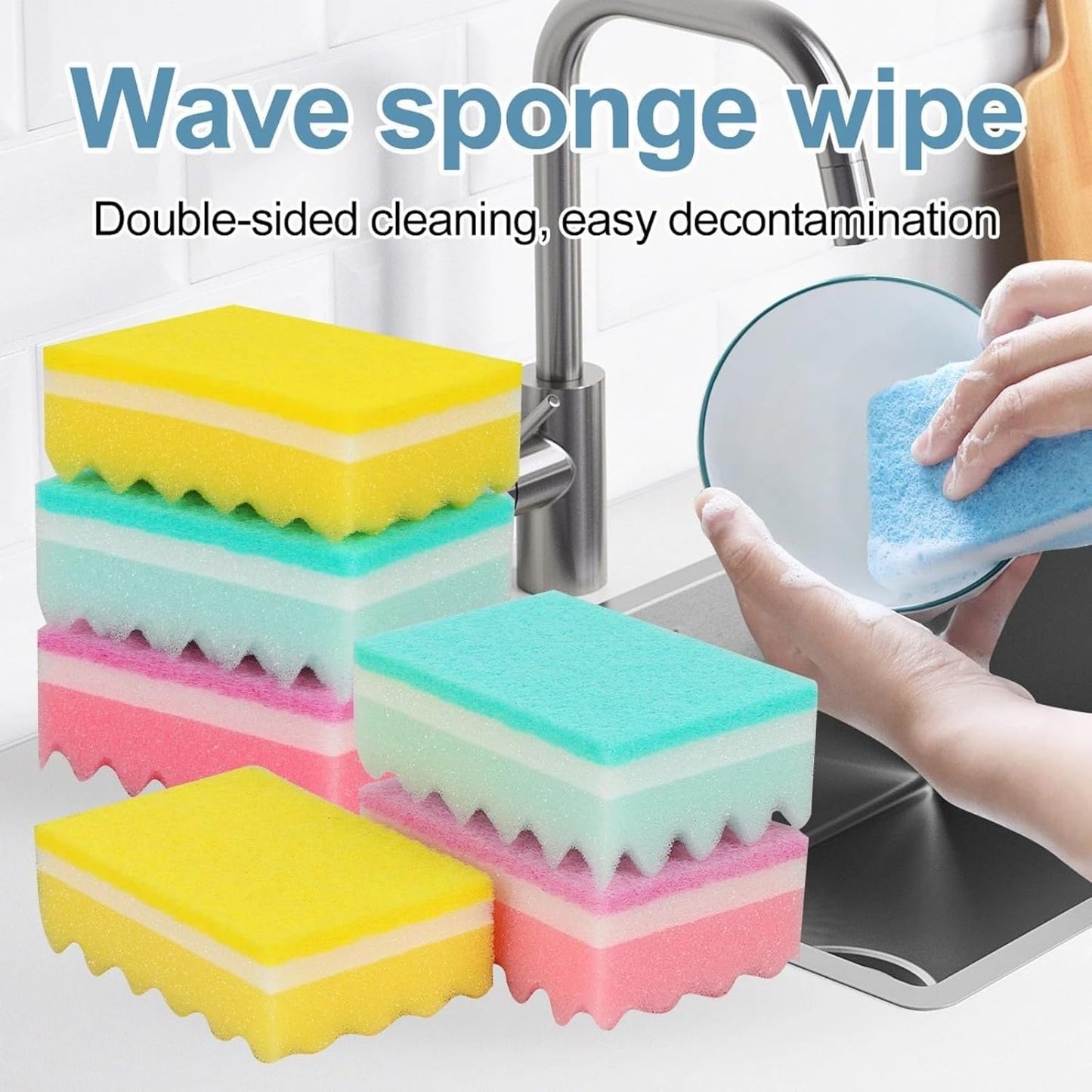 Non-Scratch Cellulose Scrub Sponge,Multipurpose Cleaning Scrubber, Dual-Sided Dishwashing Sponge for Kitchen (Blue & Green, Rectangle 4pcs)