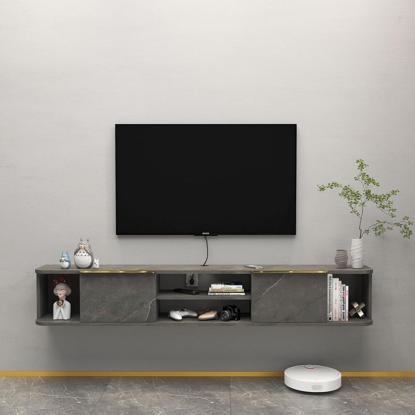 Pmnianhua Floating TV Stand with 2 Drawers,70'' Wall Mounted Floating TV Shelf,Floating Shelf for Under TV,Floating TV Unit with Cabinets for Bedroom Living Room(Grey)