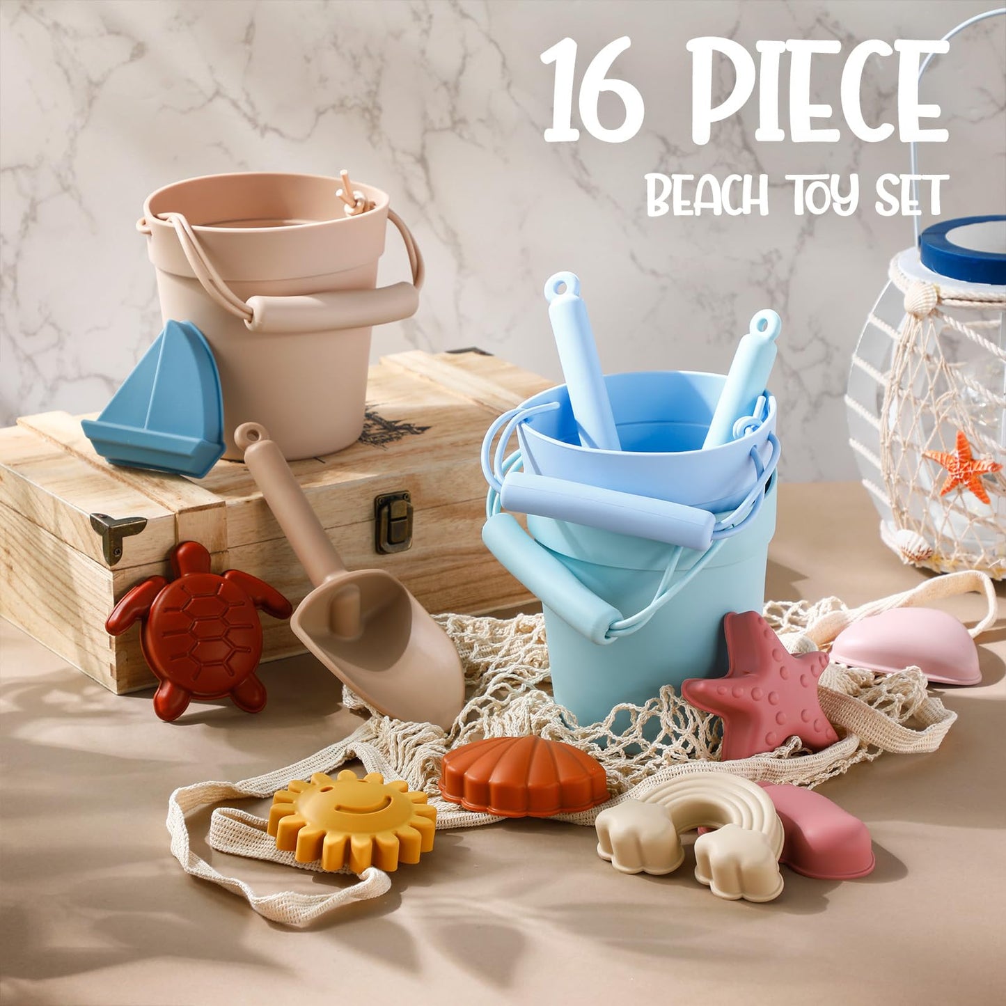 Hungdao 16 Pcs Silicone Beach Toys Travel Friendly Beach Set Colorful Toys Include 3 Silicone Bucket Pail, 3 Shovel, 9 Sand Molds, 1 Bag for Summer Pool Outdoor(Beige, Blue, Teal)