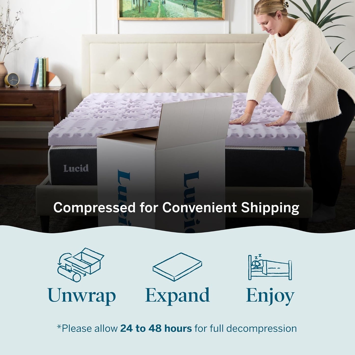 Lucid Lavender Infused 3 Inch Memory Foam Mattress Topper - Full XL Size - Plush Feel - 5 Convoluted Zones - CertiPUR Certified - New Home Owner & Dorm Room Essentials