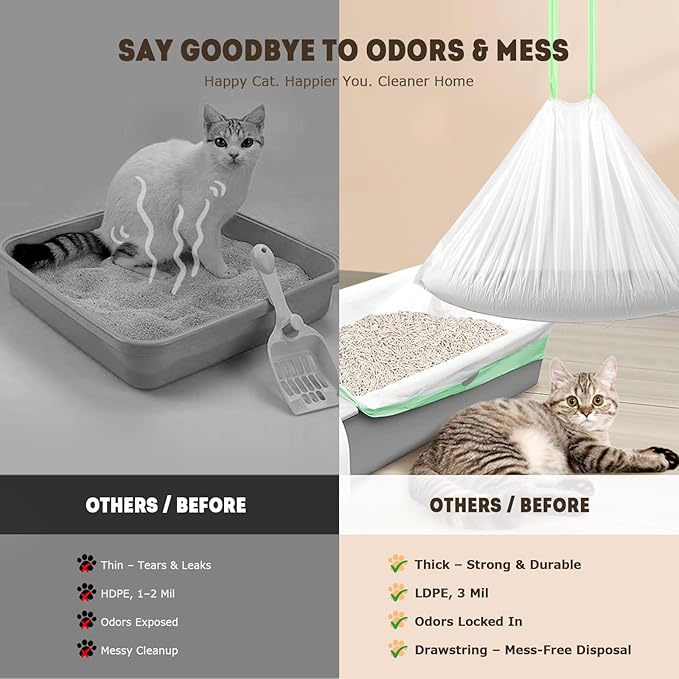 Automatic Cat Litter Box Liners Bags, Self-Cleaning Kitty Litter Liners Bags Compatible with MeoWant-SC01 & MeoWant-SC02, Heavy-Duty Thick Drawstring Replacement Liner Bag 18" x 12.6" (60 PCS)