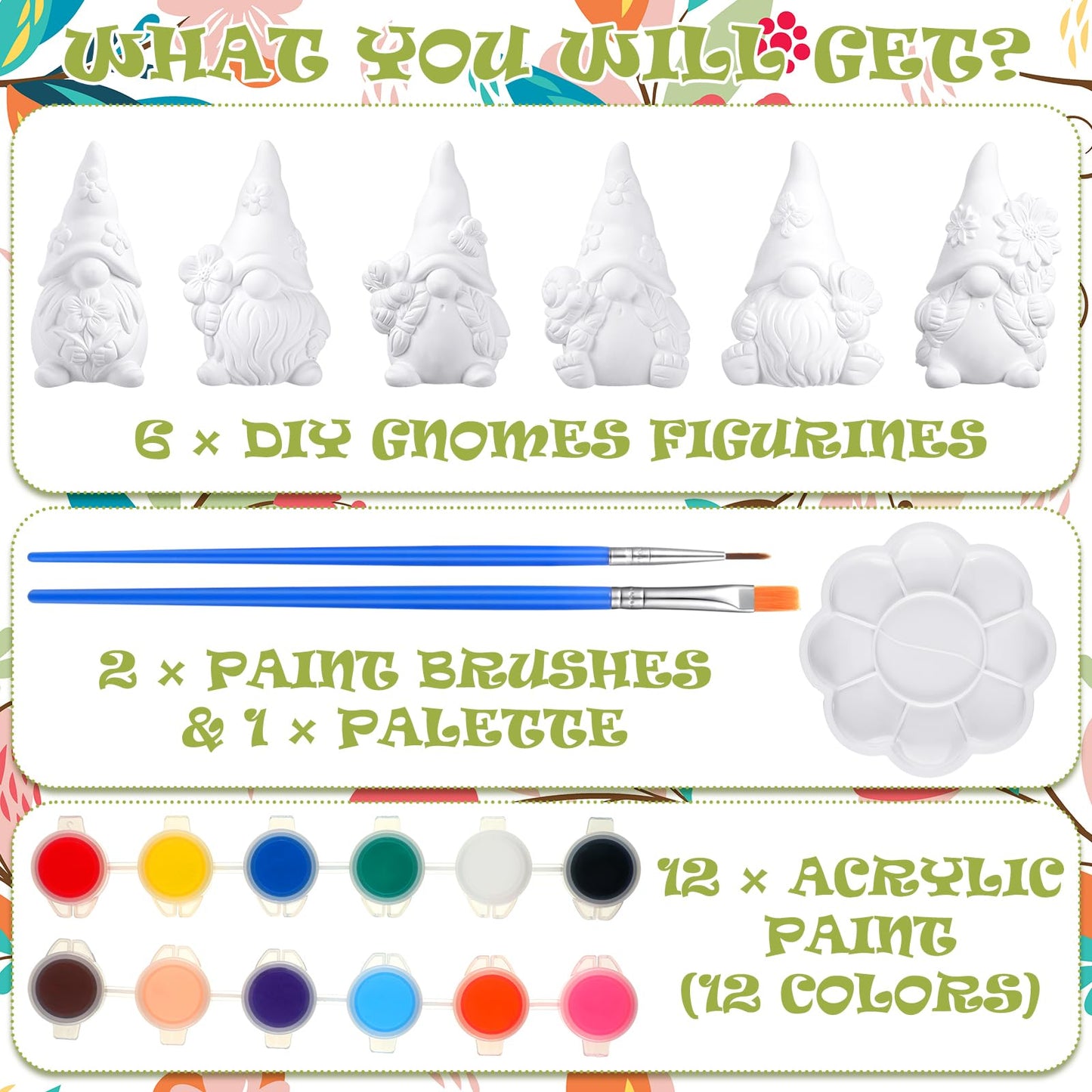 Poen 6 Sets Ready to Paint Your Own Ceramic Gnome Statues Summer DIY Unpainted Ceramics Gnome Figurines Kit Spring Crafts Gifts Drawing Figurines DIY Art and Craft with Brush Palette Paint for Adult