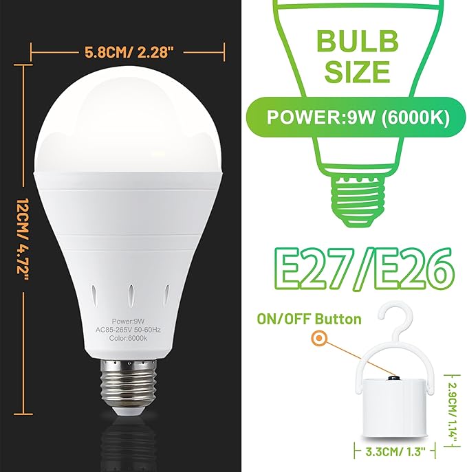 4 Pack Rechargeable Emergency Light Bulbs, Battery Powered Energy Efficient LED Light Bulb 6000K Daylight E26 120 Volt 9W 60W Equivalent with 1200mAh for Home Power Outage Camping Hurricane