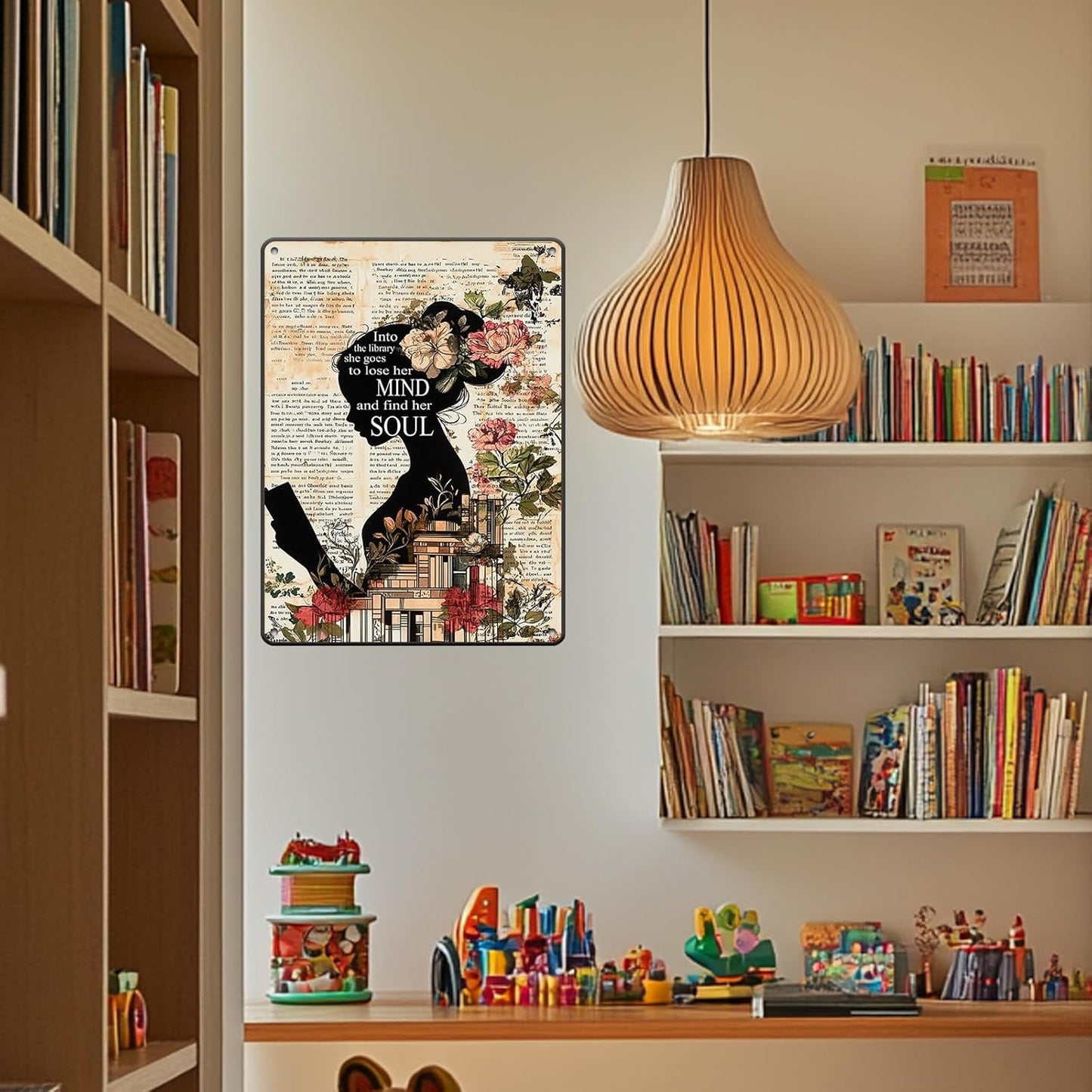 Girl Reading Book Vintage Metal Iron Tin Sign Into The Library She Goes To Lose Her Mind And Find Her Soul Retro Wall Decor Poster Home School Library Coffee Shop Club 12x16 Inch