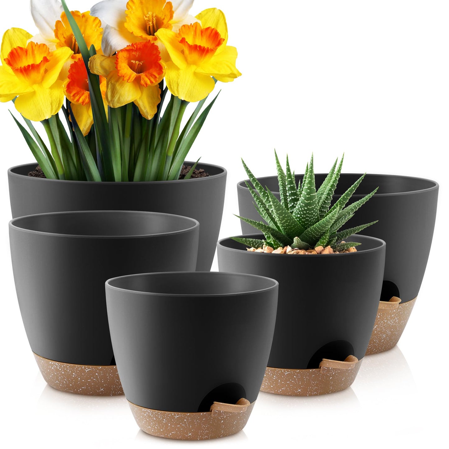 YNNICO Plant Pots 10/9/8/7.5/7 inch, Self Watering Planters with Drainage Holes & Saucers for Indoor and Outdoor Plants (Black)