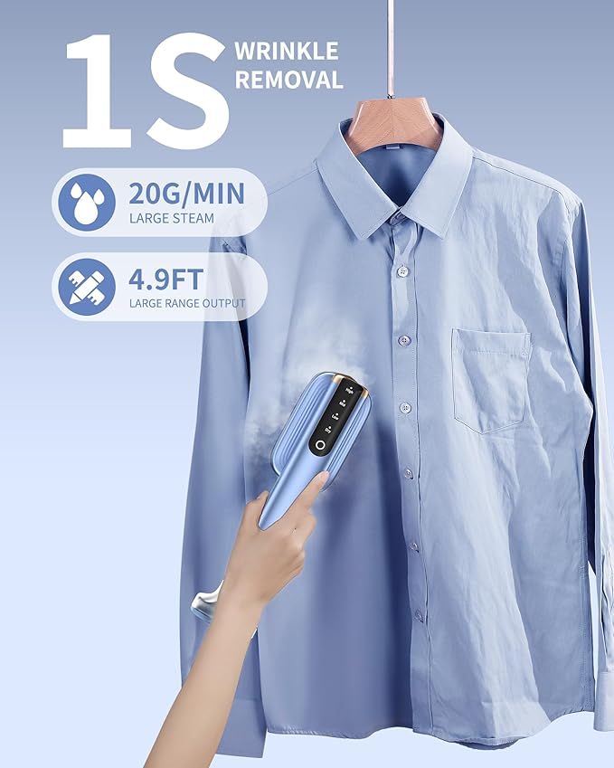 MIYOKO 2-in-1 Garment Steamer for Clothes, 1200W Handheld Steam Iron with Two Water Tanks (3.38 &6.09 Oz.), 15s Fast Heating, 25G/Min High Speed Steams, 110-120V for Home &Travel Portable Use, Blue