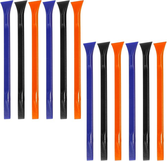 12 PCS Plastic Scraper Non Scratch Scrapers Cleaning Tool Multi-Purpose Label Scraper Remover Pen for Paint, Stickers, Labels, Tight Spaces, Crevices (Black, Blue, Orange)