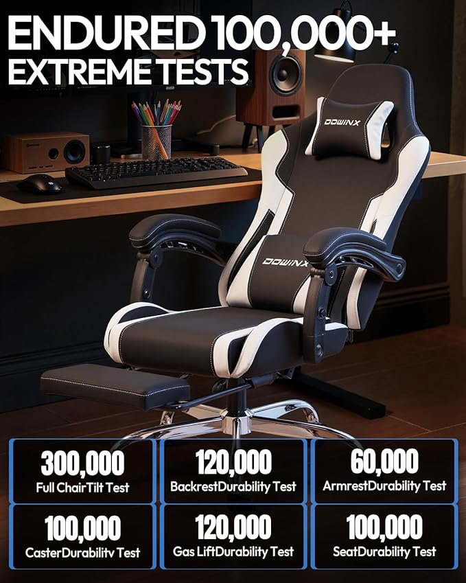 Dowinx Ergonomic Gaming Chair with Footrest & Massage Lumbar, 2D-Linkage Armrests for Computer Chair 330lbs with Headrest Pillow for Office, Home, Streaming and Long Gaming Sessions, White