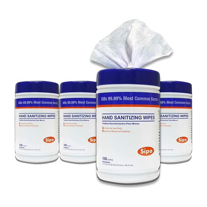 SIPA Hand Sanitizing Wipes 100 WIPES/CANISTER, Soft Textured Wipes, Fresh Scented, (4 CANISTERS)