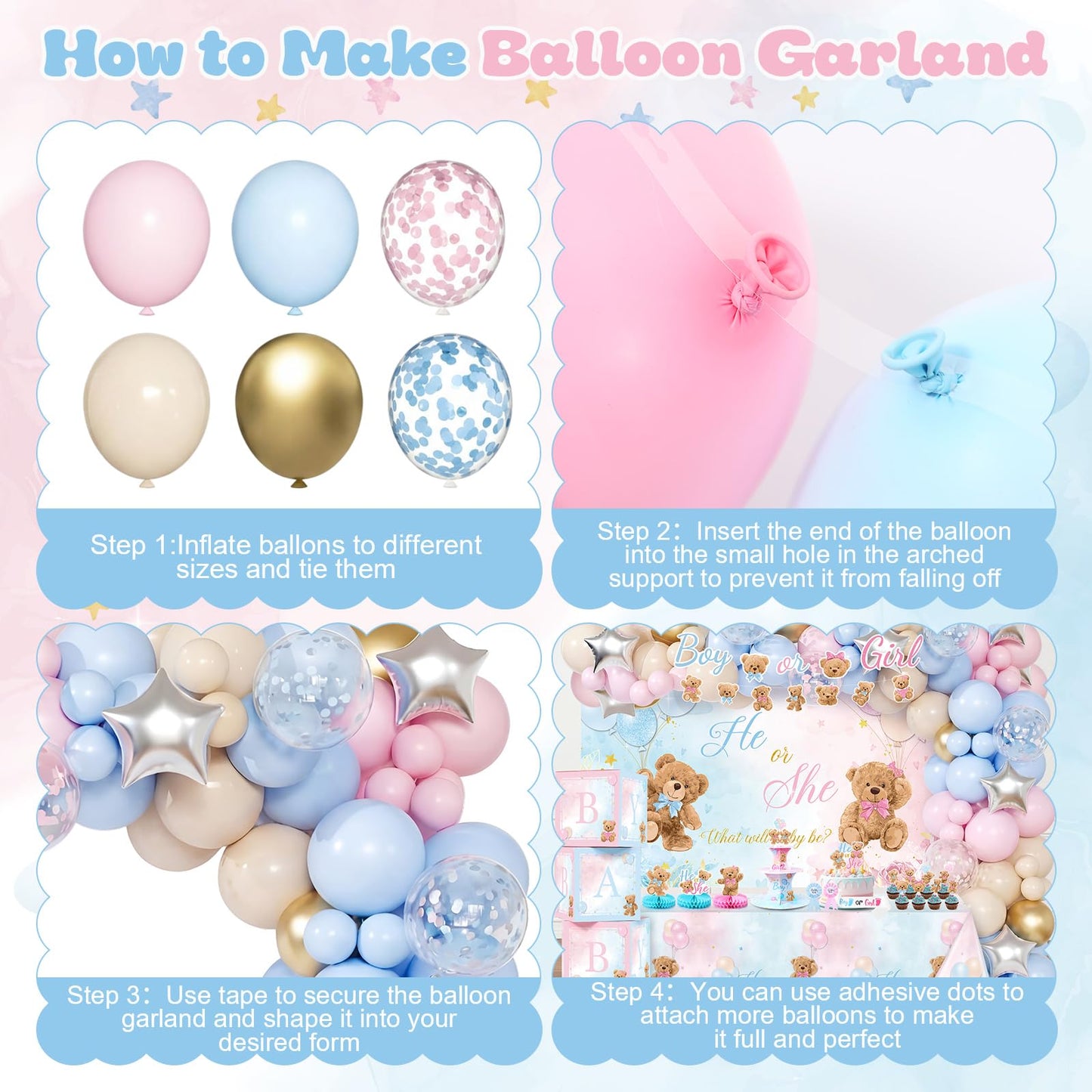 Duraaamo 207Pcs Bear Gender Reveal Party Decorations Boy or Girl Pack, Bear Balloon Kit with Backdrop Banner, Tablecloth, Balloon Boxes, Cupcake Stand, Sash, Pin for Baby Shower Gender Reveal Supplies