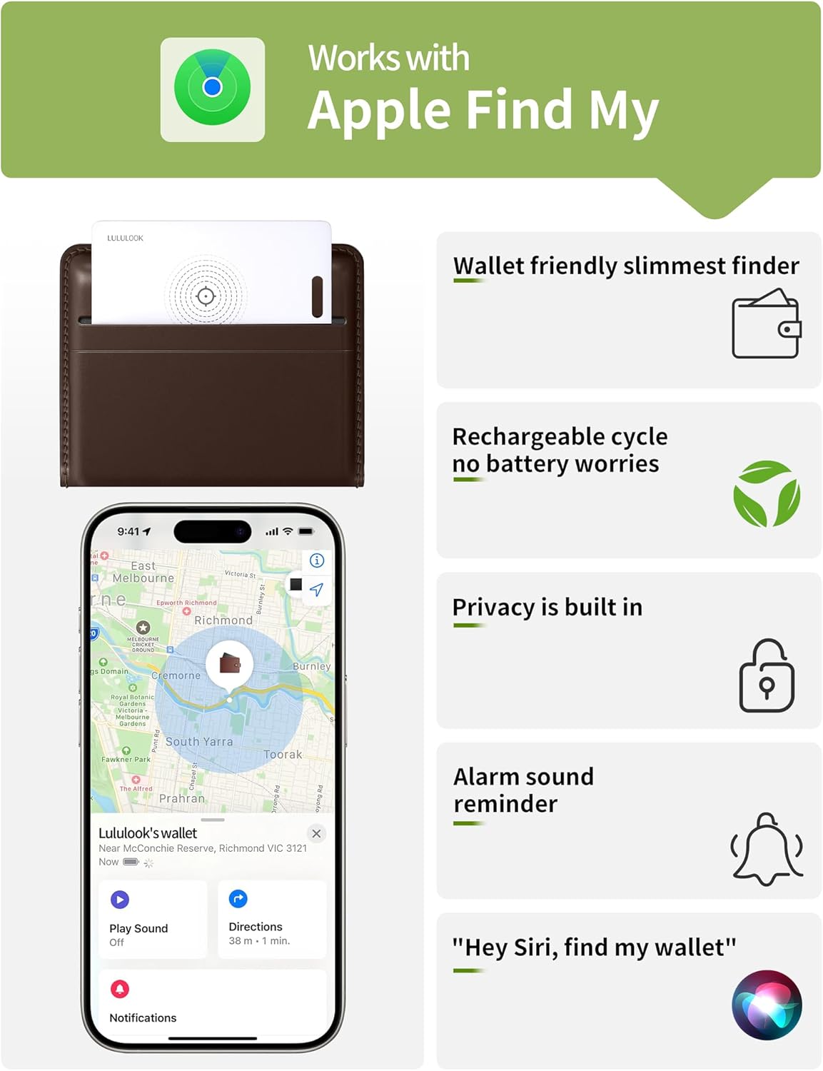 LULULOOK Wallet Tracker Card (iOS Only), Ultra Slim Airtag Wallet Works with Apple Find My, Wireless Rechargeable GPS Smartcard Tracker for Luggage, Tags, Passport, Purse, IP68 Waterproof, 3 Pack