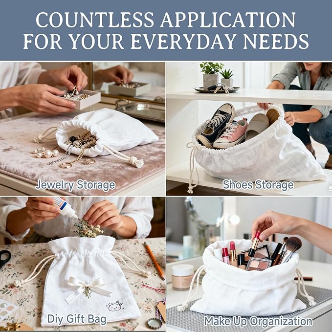 Simple&Opulence 12-Pack 10” x 12” Linen Cotton Drawstring Bags Reusable Grocery Sacks, DIY Craft Sachet Sacks Storage Cloth Bags for Party Wedding Home Bulk Produce Bags, Washable, White