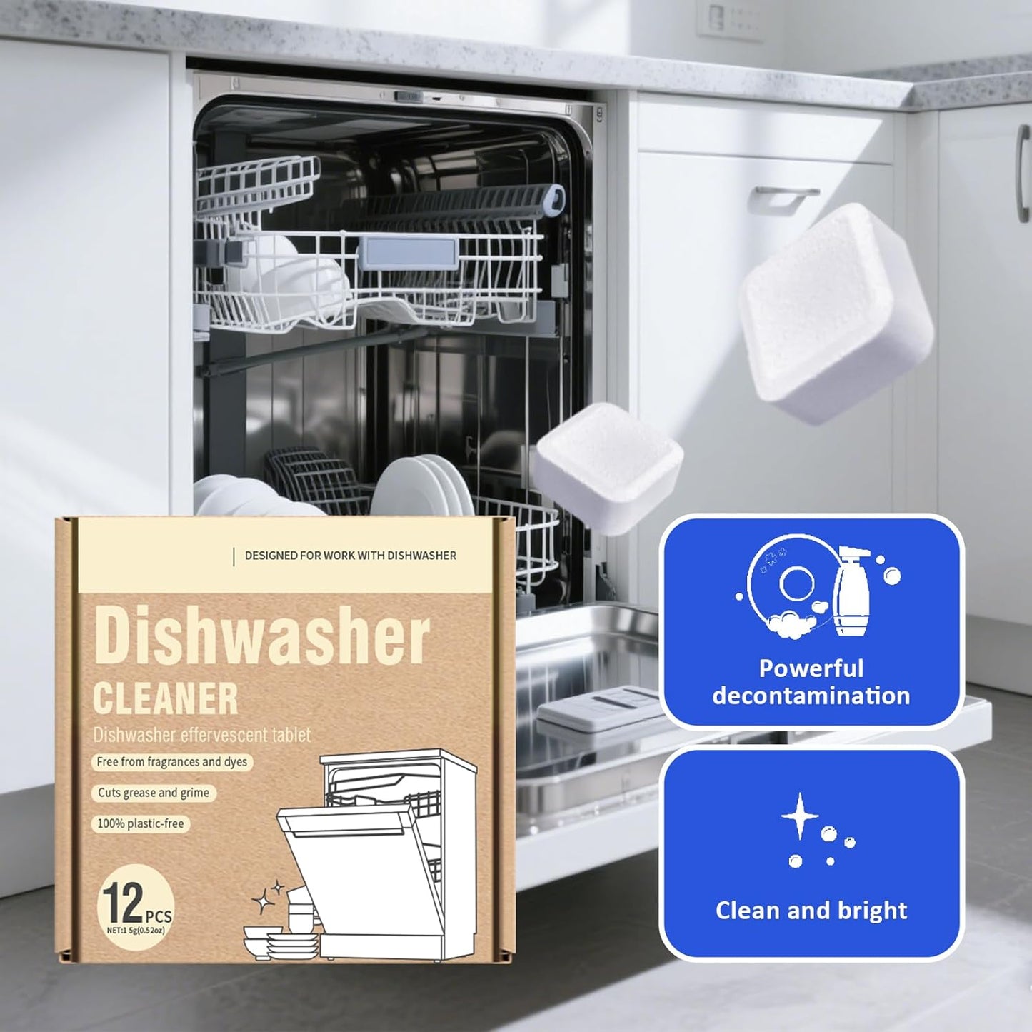 Dishwasher Cleaner Tablets, Deep Cleaning Formula, Removes Limescale & Grease,12 Count, Fragrance-Free, Plastic-Free, Effervescent Grease Cutting Formula