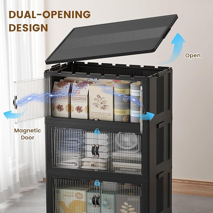 SAILUN 26Gal/105Qt Stackable Storage Bins Folding Collapsible Storage Bins with Lid, Closet Organizers and Storage Box with Door Black 18" W x 11" D x 32" H