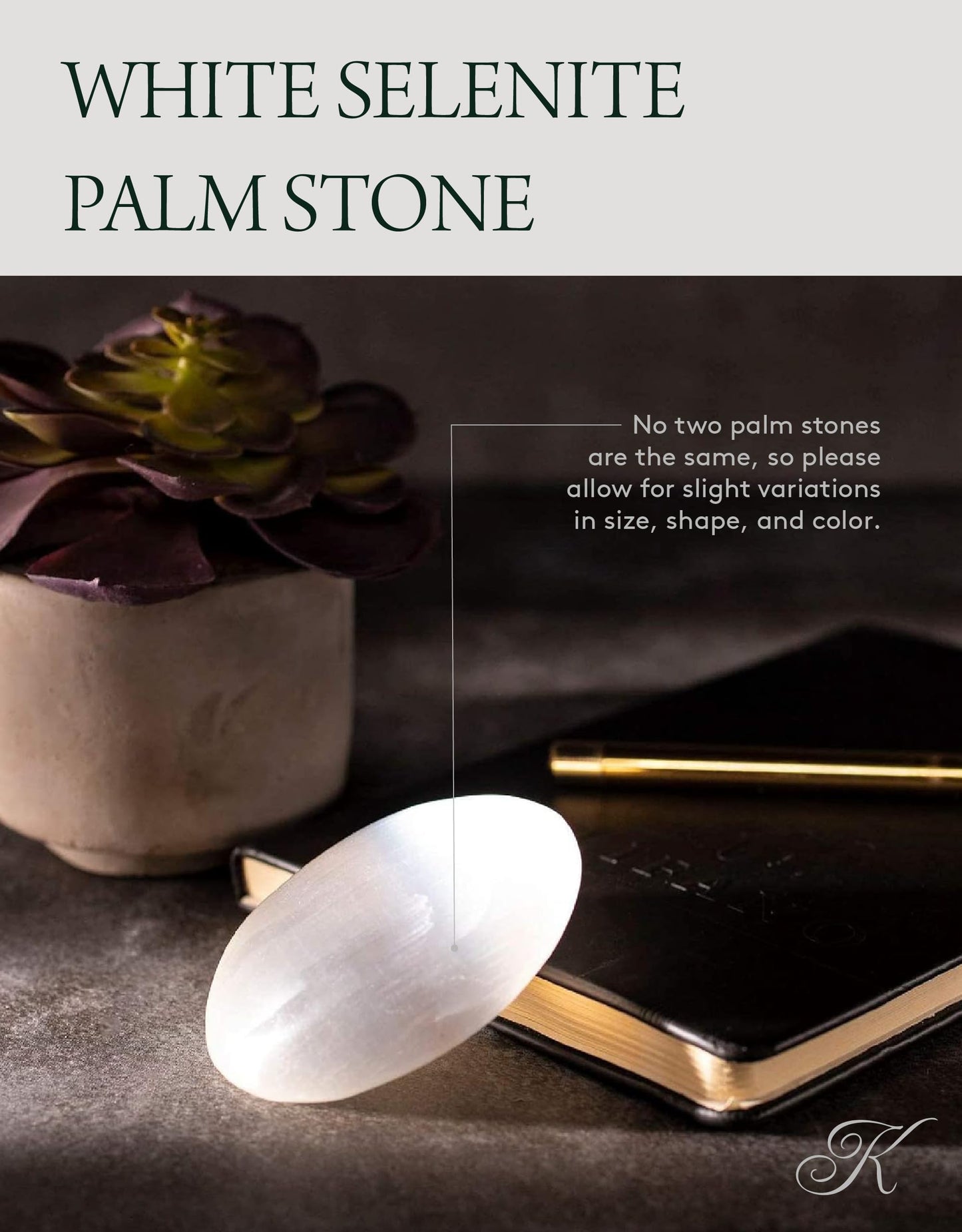 KALIFANO Selenite Palm Stone with Healing & Calming Effects - High Energy Selenita Satin Spar Worry Stone Used for Cleansing and Protection (Information Card Included)