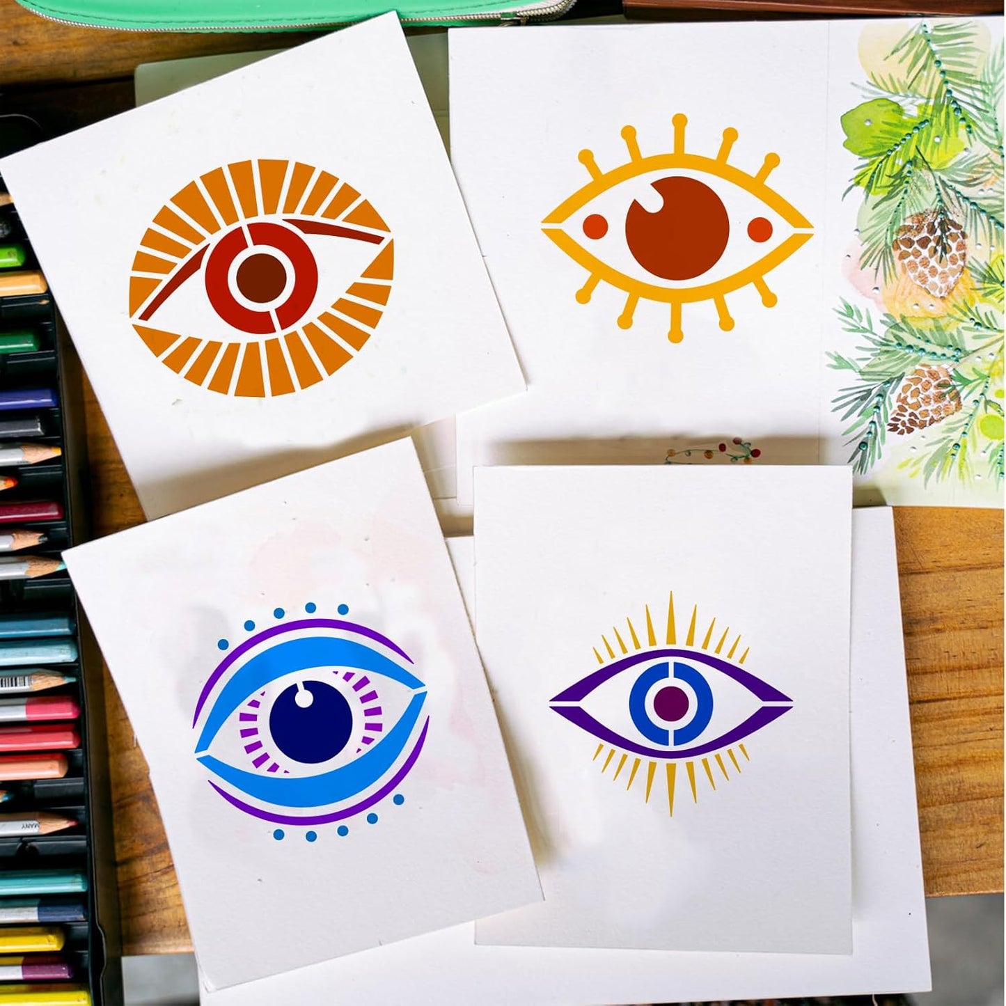 FINGERINSPIRE Devil's Eye Stencil with Paint Brush 8.3x11.7inch 4 Styles Evil Eyes Pattern Drawing Template Reusable Evil Eyes Pattern Stencil for Painting on Wall, Canvas, Tile, Furniture