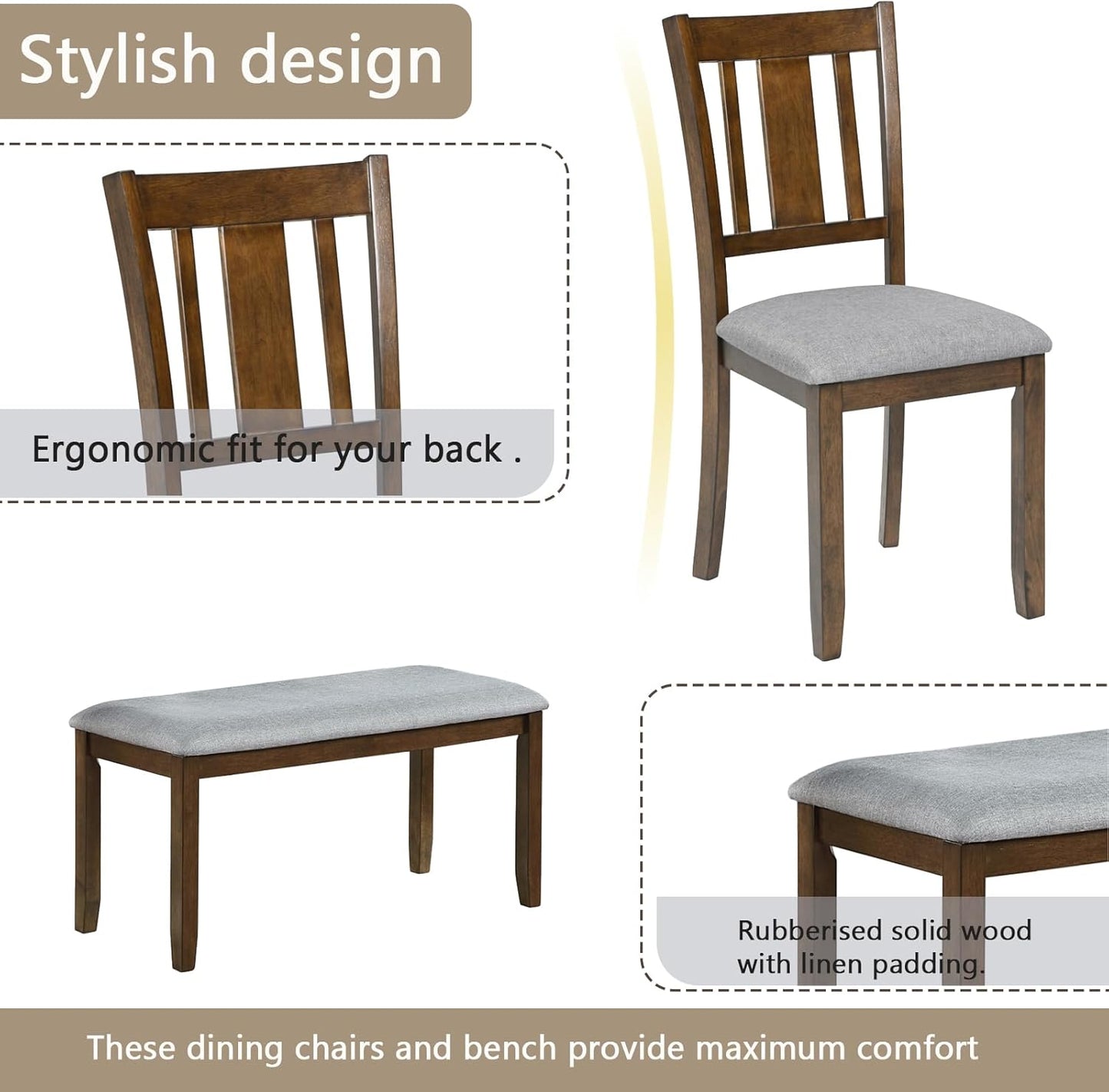 KEIKI 6-Piece Standard Height Dining Table Set with Rectangular Table, 4 Upholstered Slatted Backrset Chair, Bench, for 6 Person, Modern Table Set, Easy Assembly, for Kitchen, Dining Room, Walnut