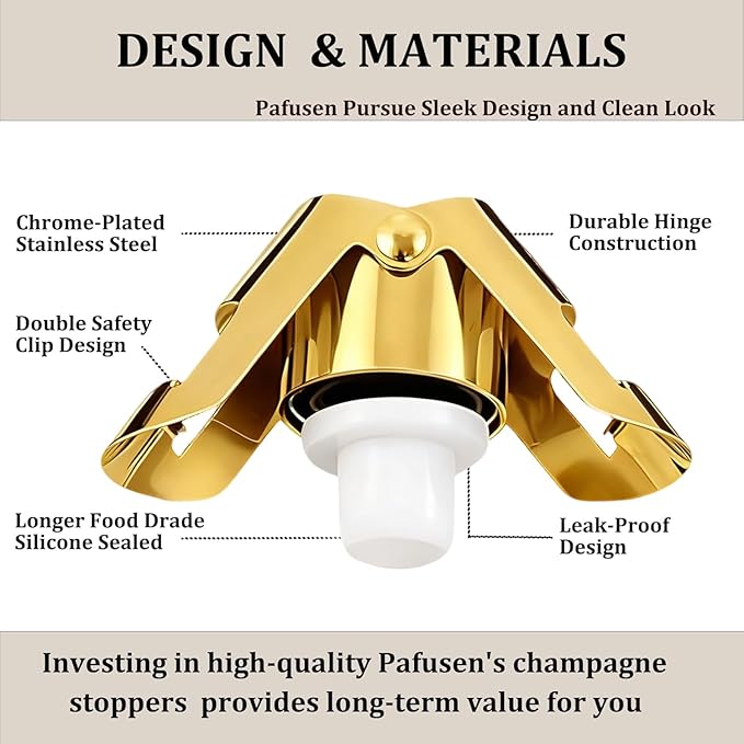 Champagne Stoppers for Bottles, Pafusen Champagne Sealer Stopper, Stainless Steel Champagne Cork Stopper Toppers, Saver for Champagne Cava Prosecco Sparkling Wine (Champagne -3-Pack- Gold)