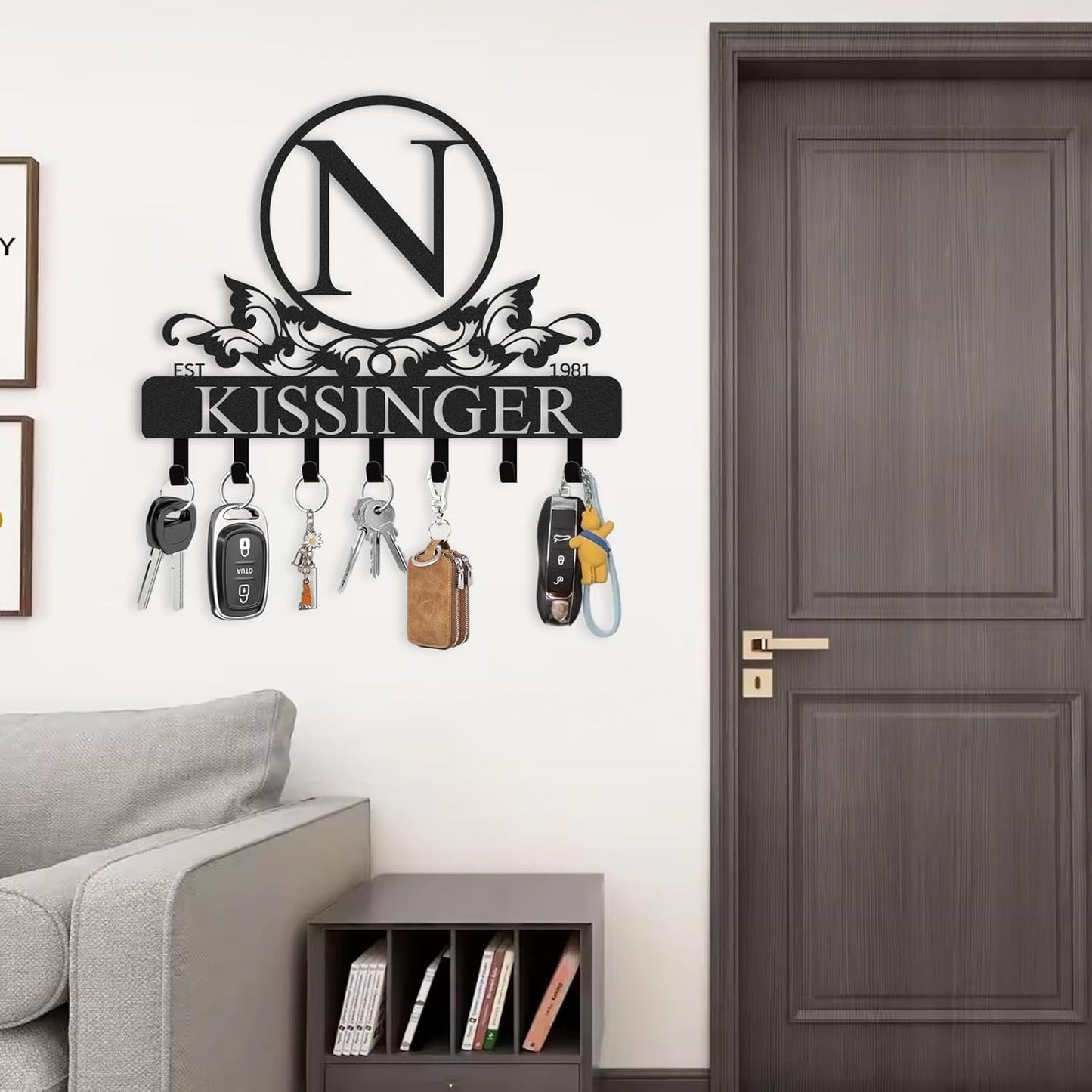 Personalized Key Holder for Wall, Key Holder Wall Mount, Custom Name Coat Rack, Background Letter Theme Wall Decoration for Bedroom Kitchen Entryway Hallway Front Door, Housewarming Gifts