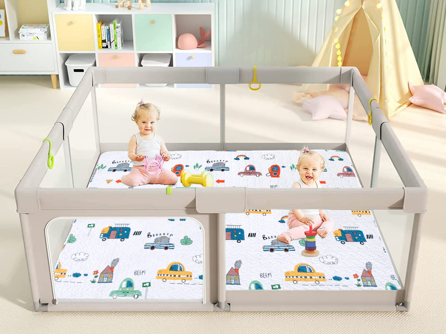 MIIMER Washable Baby Play Mat for Babies 63x43” Portable, Foldable Toddler Playpen Non-Slip Baby Tummy Time Mat, Soft Floor Play for Infants Extra Large Crawling Mats Car