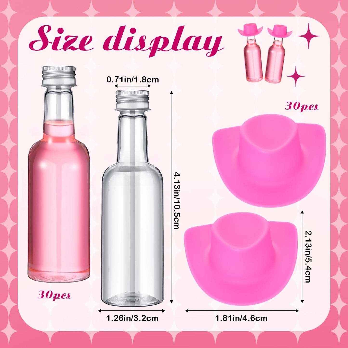 Baderke 30 Packs 1. 7 oz Mini Liquor Bottles with Caps and Mini Cowboy Hats Plastic Shot Bottles with Cap and Cowgirl Hat for Birthday Wedding West Cowboy Bachelorette Party