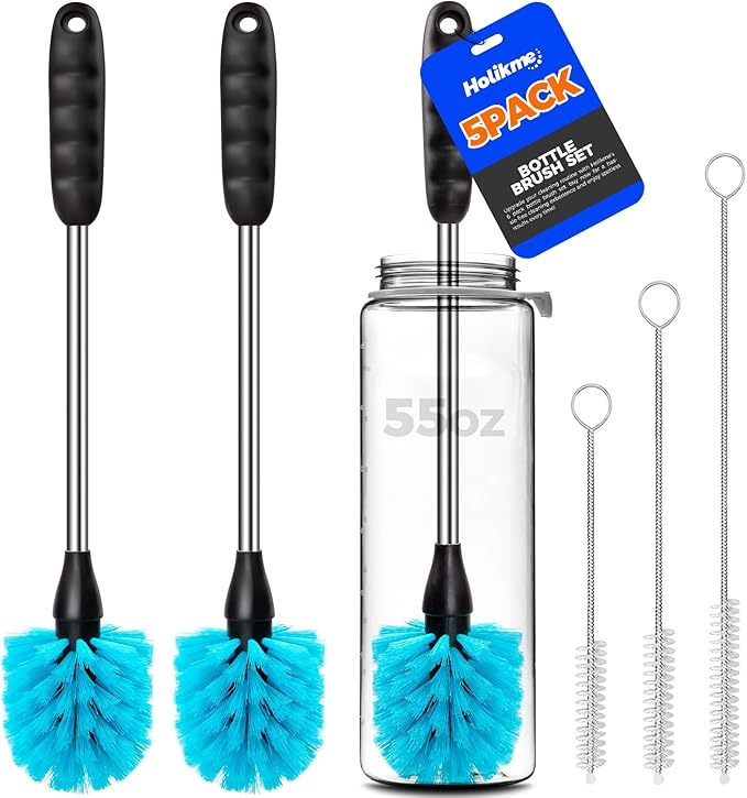 Holikme 5 Pack Bottle Brush Cleaner Set, 14" Long Handle Stainless Steel Bottle Cleaner Brush, 3 Straw Brushes, Bottle Cleaning Brush for Water Bottle, Cups, Baby Bottle, Straws Blue