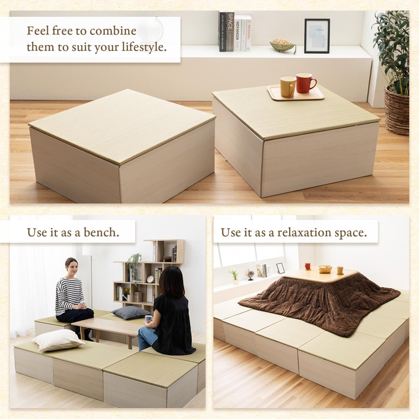 BJDesign Square Tatami Bench and Raised Platform Unit | Japanese Style Igusa Rush Grass Top | Wood Grain White, 24x24x11.6in | Easy Assembly, Durable | 1 Set