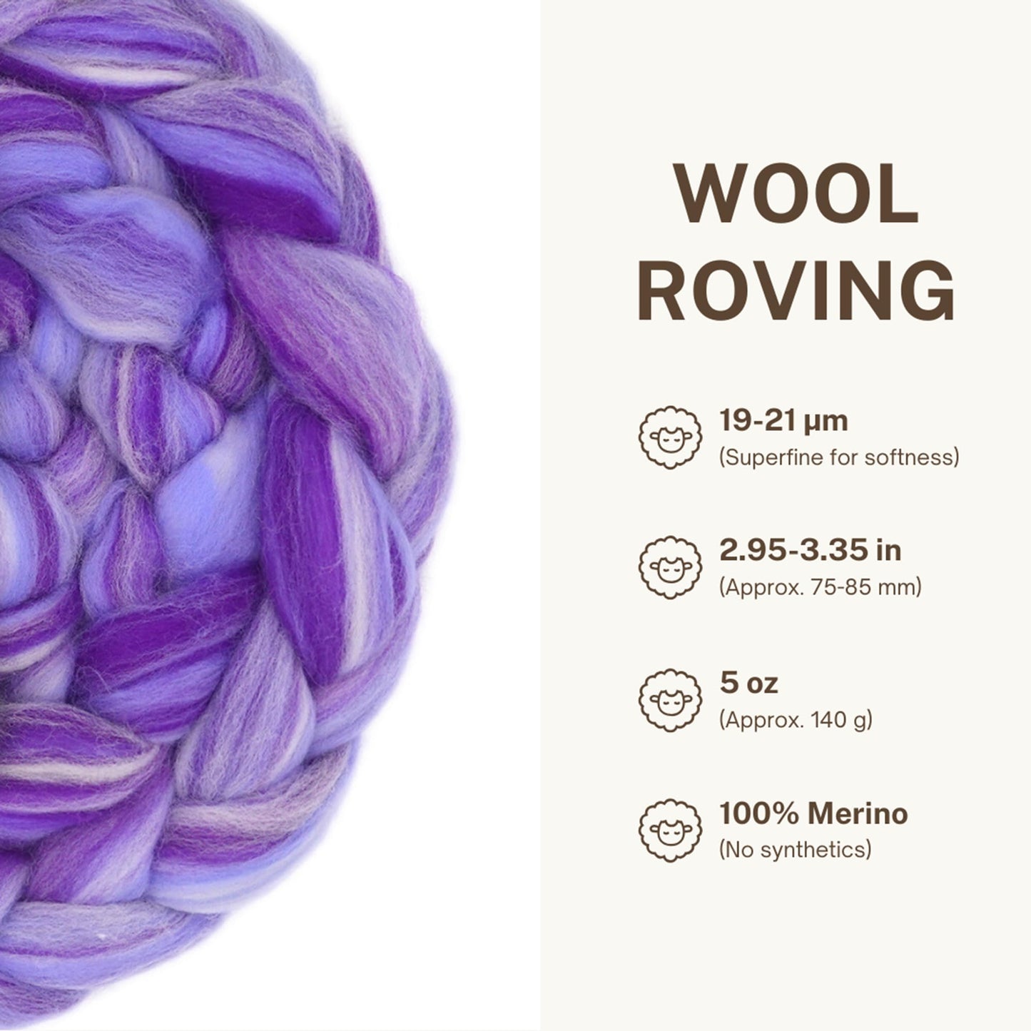 DICHA Fine Merino Wool Roving – Hand-Dyed in Stunning Color Blends for Needle Felting, Wet Felting, Spinning, and Weaving – Soft Combed Top Fiber – 5oz – Lavender Breeze