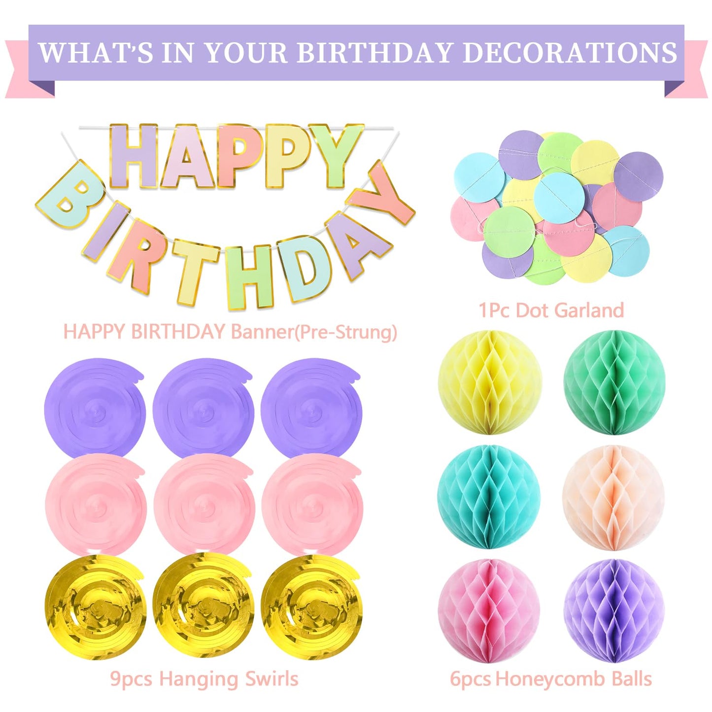 LITAUS Pastel Birthday Decorations Kit - 17-Piece Set with Pre-Strung Happy Birthday Banner, Honeycomb Balls, Garland & Swirls | Macaron Theme Party Supplies for Women Girls Kids, Teens Adults