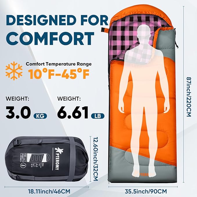 PTEROMY Sleeping Bags for Adults, Lightweight and Machine Washable, Water Resistant Backpacking Camping Sleeping Bag for Warm Cold Weather, Camping Essentials for Hiking Travel