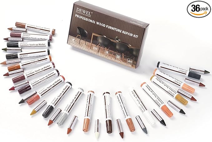 DEWEL Wood Furniture Markers & Filler Sticks Repair Kit, New Improved 18 Colors Touch Up Markers and Wax Sticks - Cover Damaged Wooden Surface and Floor, for Pet Scratches, Stains, Cracks and Dents