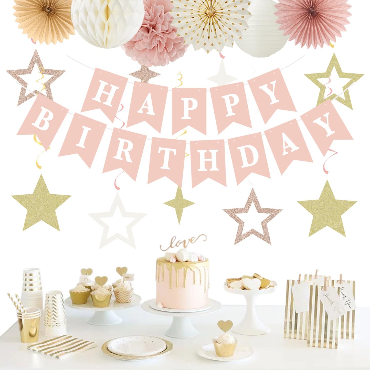 Pink Rose-Gold Champagne-Beige Birthday Party-Decorations - 19pcs Boho Rustic Streamers Banner,Paper Star Garland Lanterns Honeycomb Fan,Tissue Pom Poms,Wall Ceiling Backdrop Supplies Ouruola