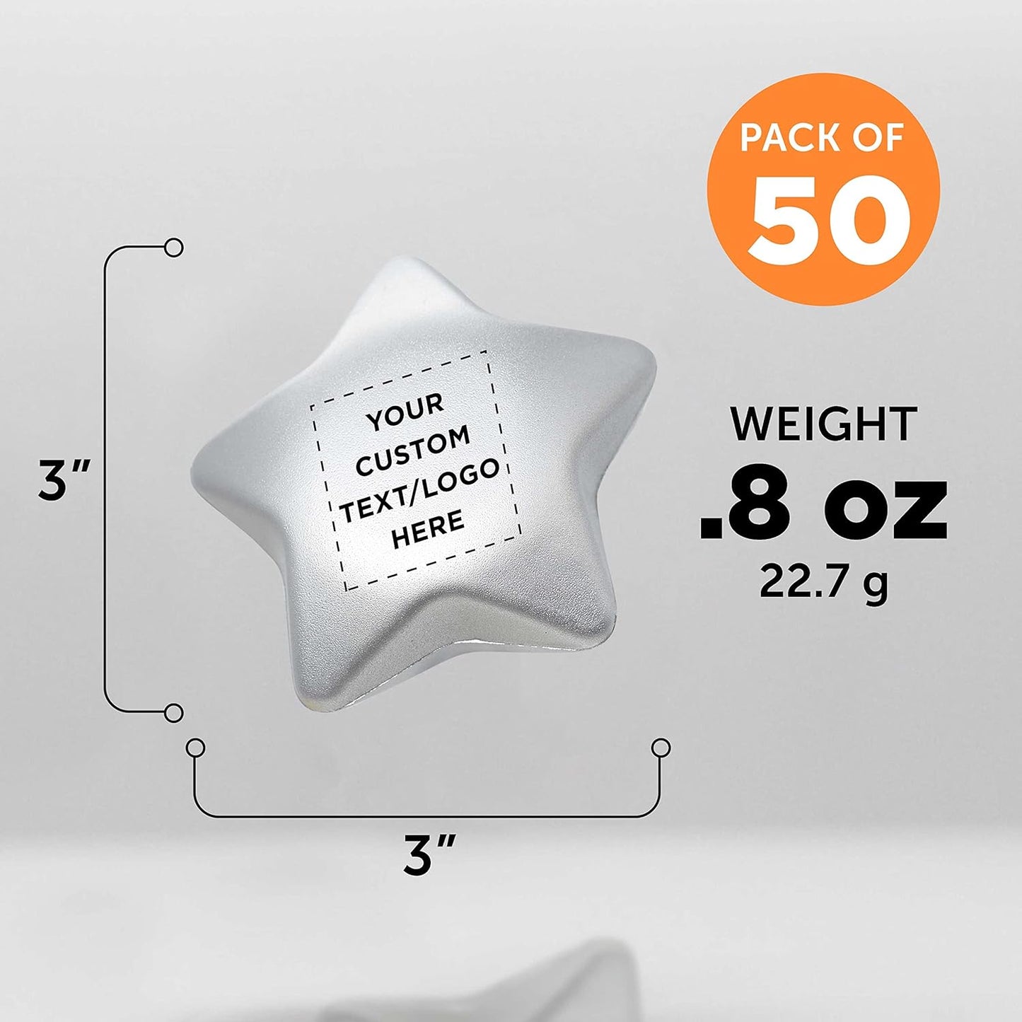 DISCOUNT PROMOS Custom Star Squeeze Balls Set of 50, Pesonalized Bulk Pack - Perfect for Promotional Giveaways - Silver