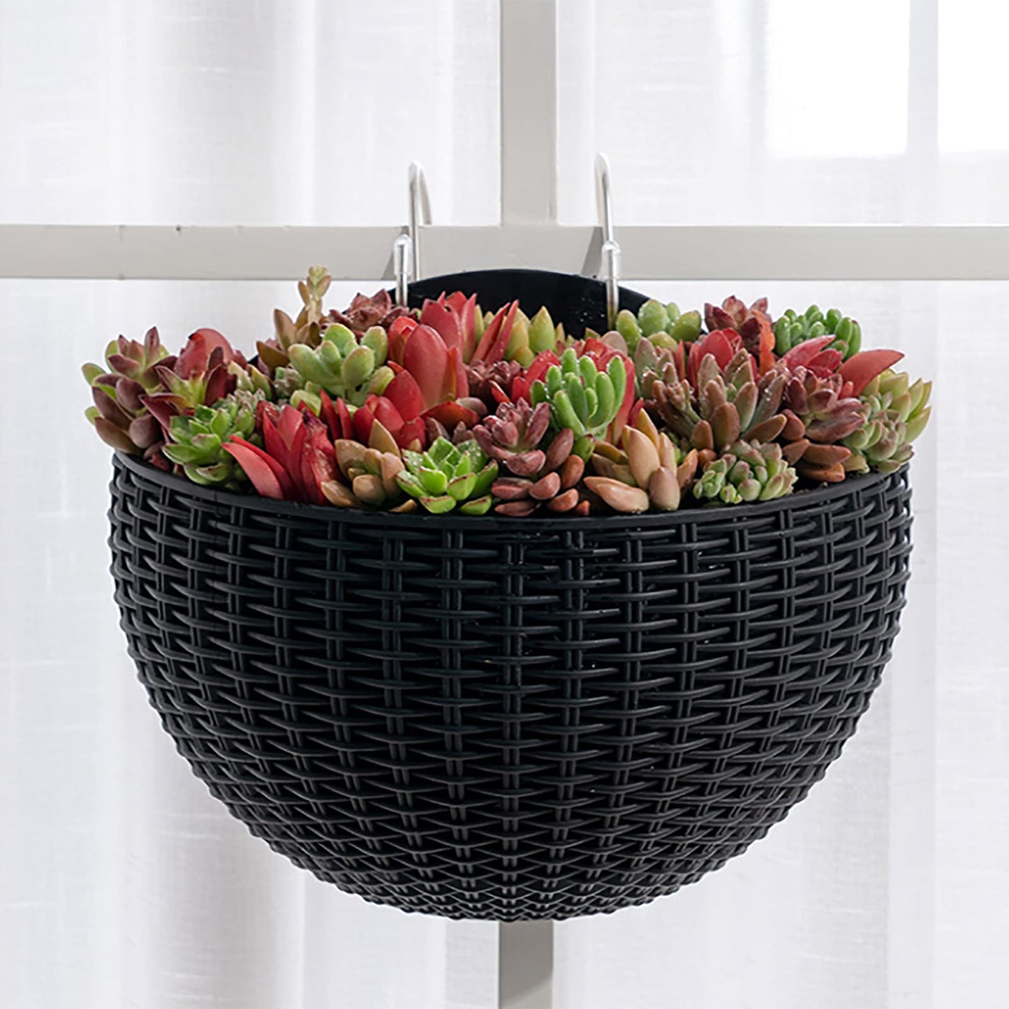 Hanging Planter Pot, Wall and Railing Hanging Planters with S Hooks, Half Round Imitation Rattan European Style Wall Flowerpot Rustic Decorative Flower Basket for Home(#2pcs 26 * 20.5cm Brick red)