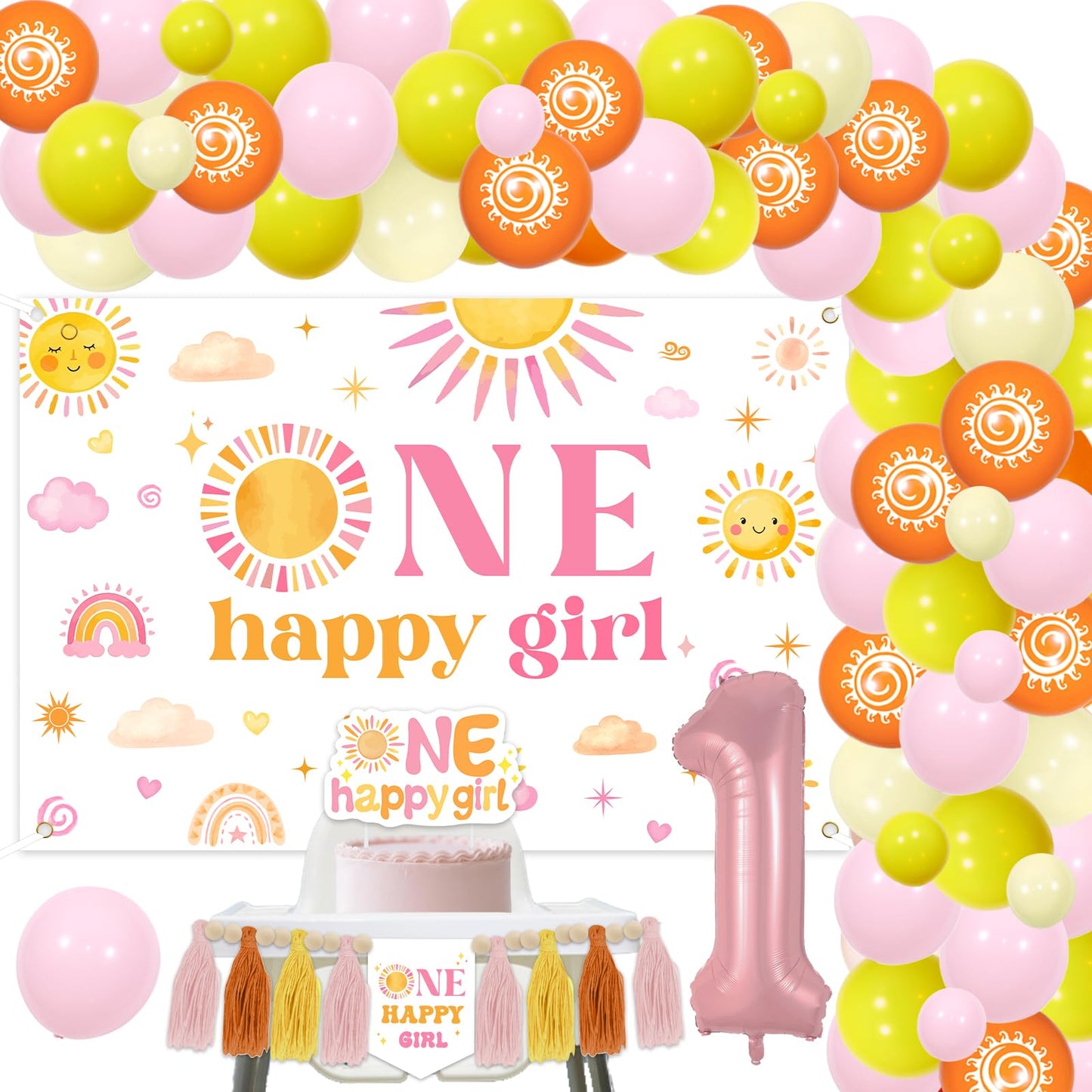 One Happy Girl Birthday Decorations Backdrop Sunshine 1st Birthday Highchair Banner Cake Cupcake Toppers Boho Sun Theme Balloon Garland Arch Kit for Girls Groovy Retro First Trip Around the Sun Party