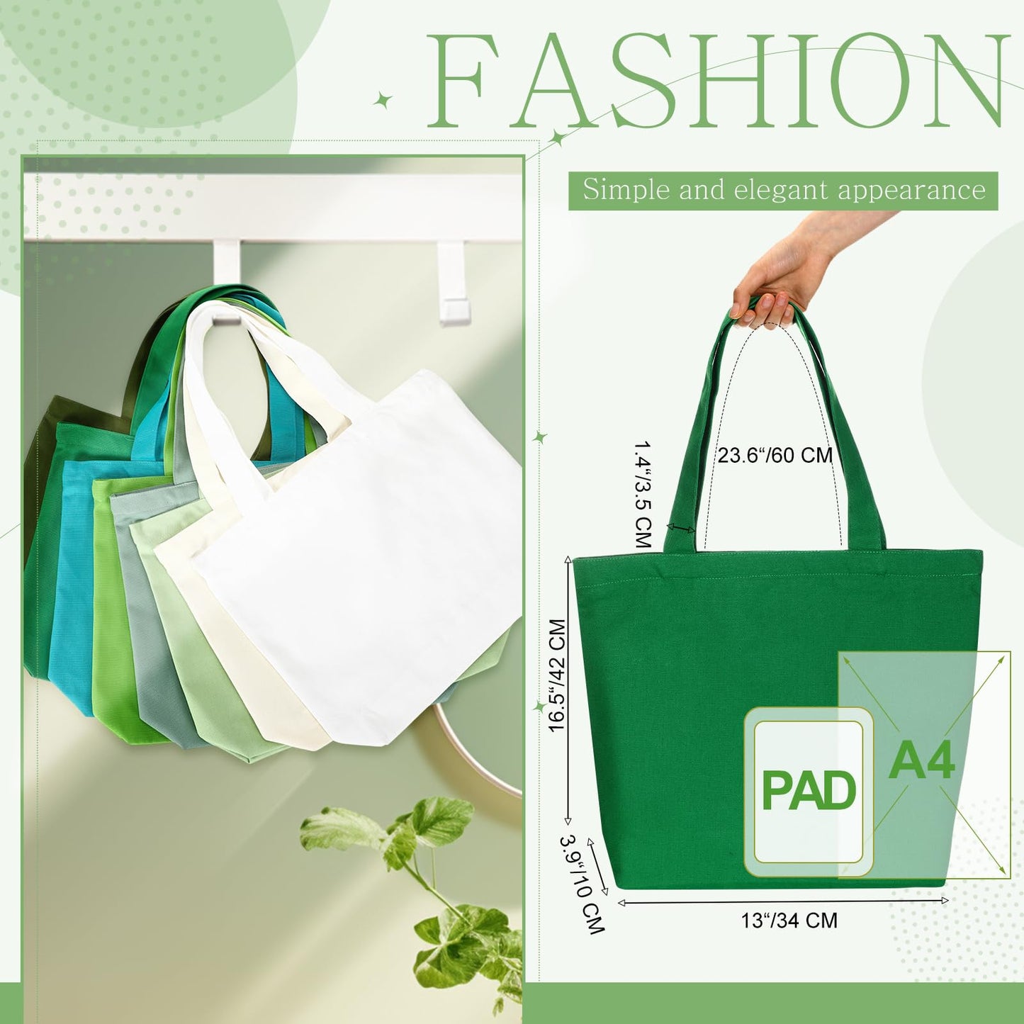 Epakh Canvas Tote Bag with Zipper - Bulk Reusable Large Blank Cotton Grocery Shopping Tote for Women Men DIY Crafting(16.5 x 3.9 x 13.4 Inch,Green Series Colors,8 Pack)