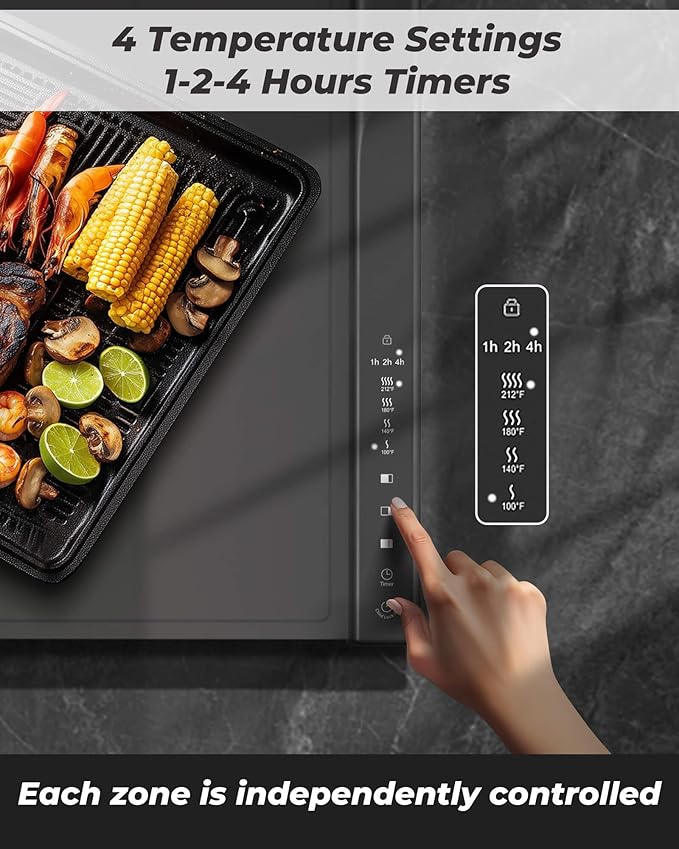 Food Warming Mat with Dual Heating Zones, 4 Temp Settings, Silicone Easy-Clean, Auto Shut-Off, Timer, Child Lock, Portable for Buffet, Party & Travel, 350W, 120V(AC), (Gray, Large)